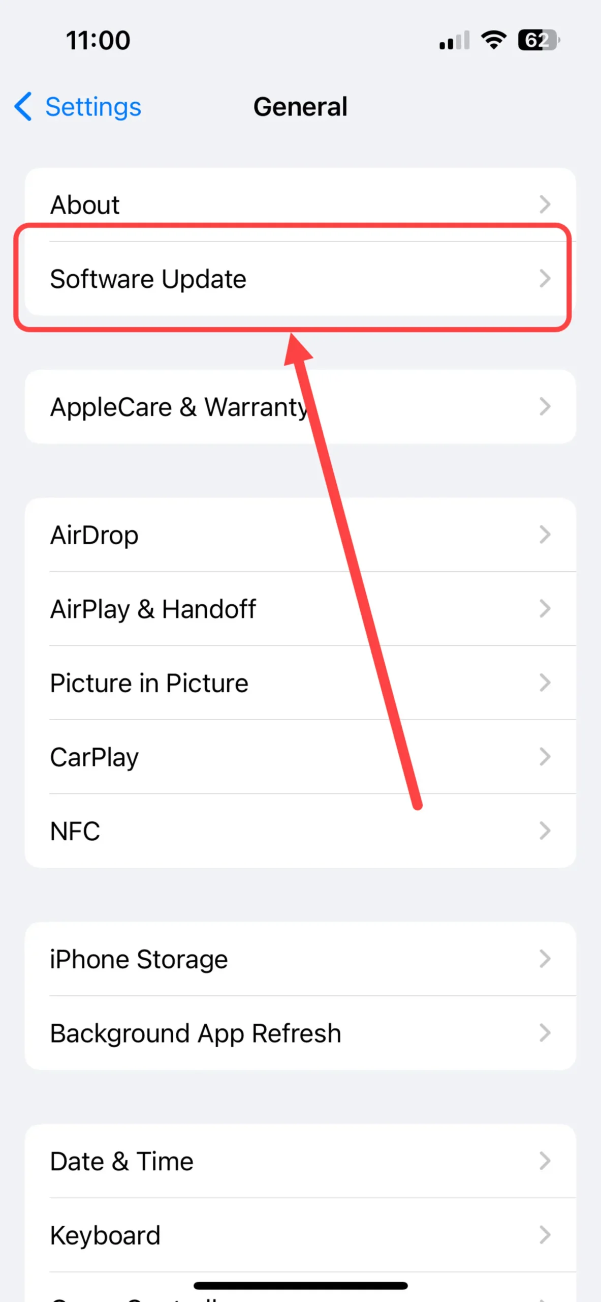 بخش به‌روزرسانی iOS در تنظیمات آیفون
