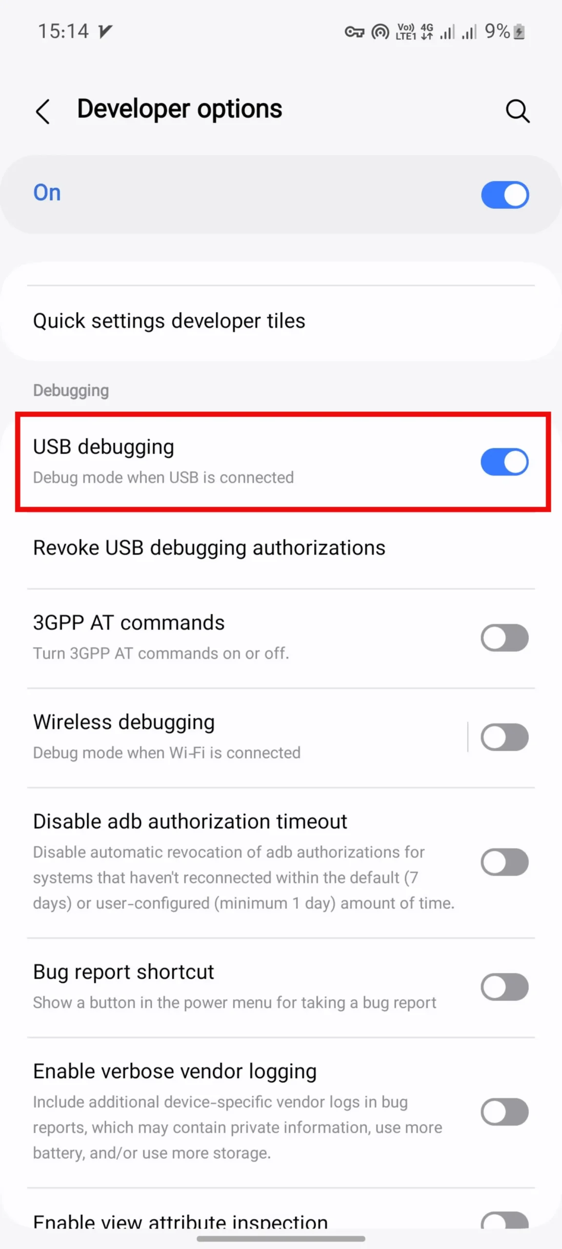 منوی تنظیمات Developer Option