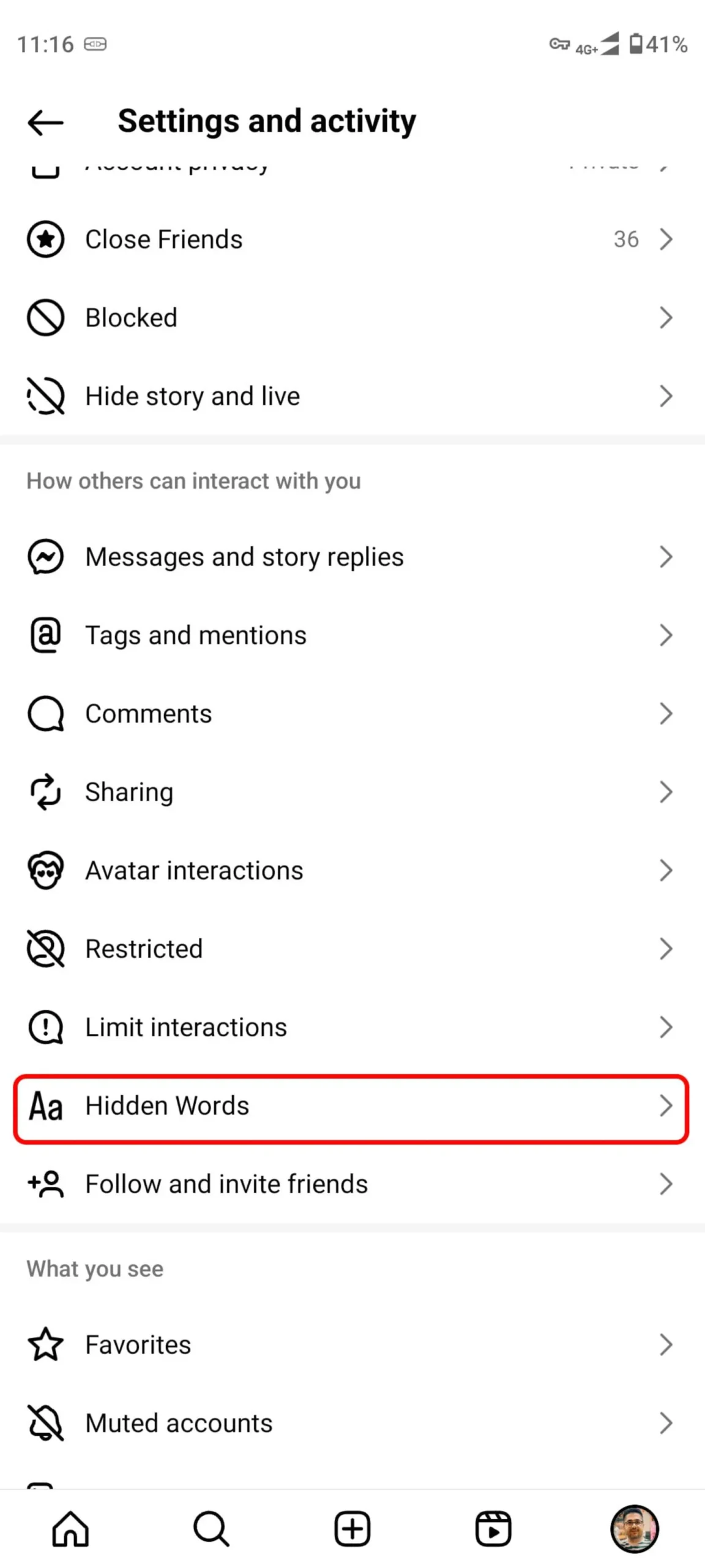 صفحه Settings and activity page اینستاگرام