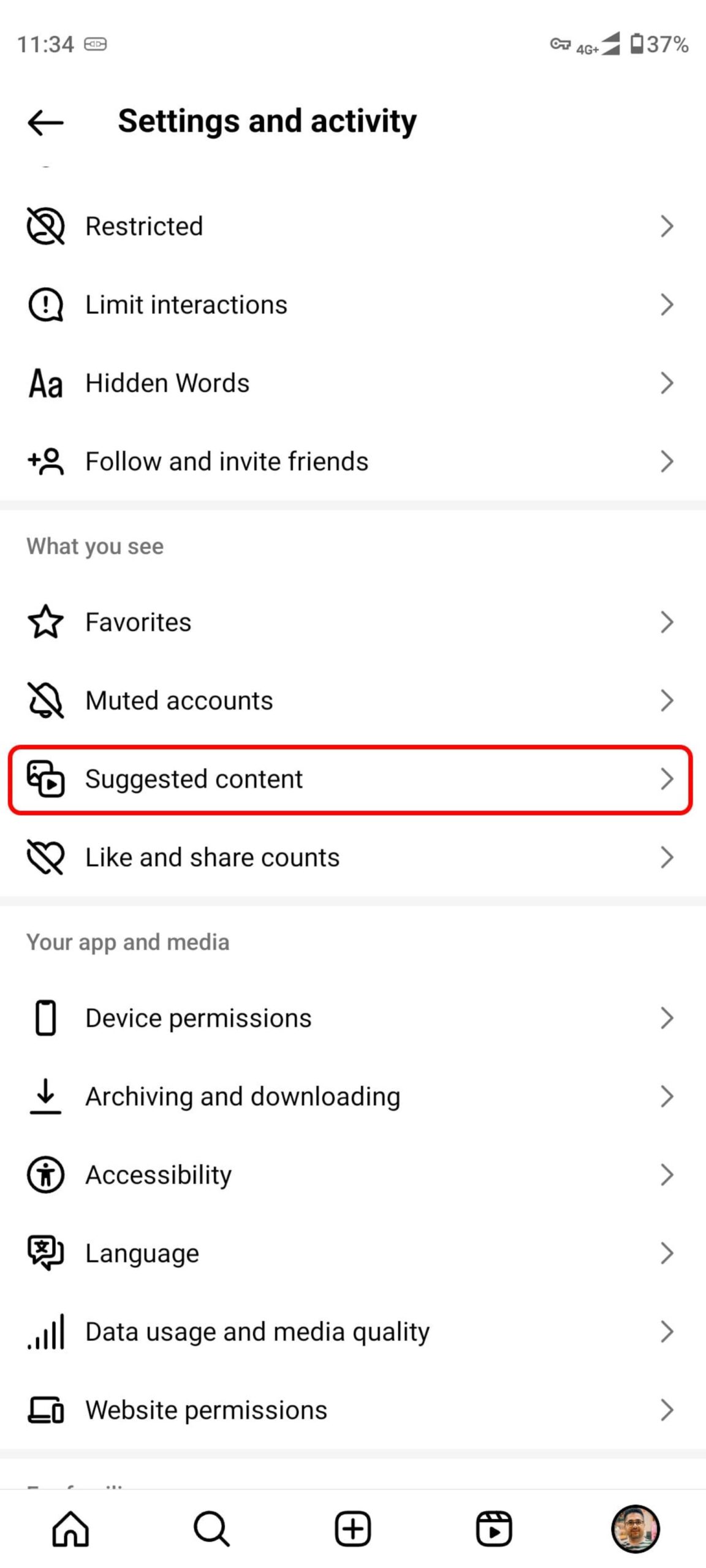 صفحه Settings and activity و انتخاب گزینه Suggested content
