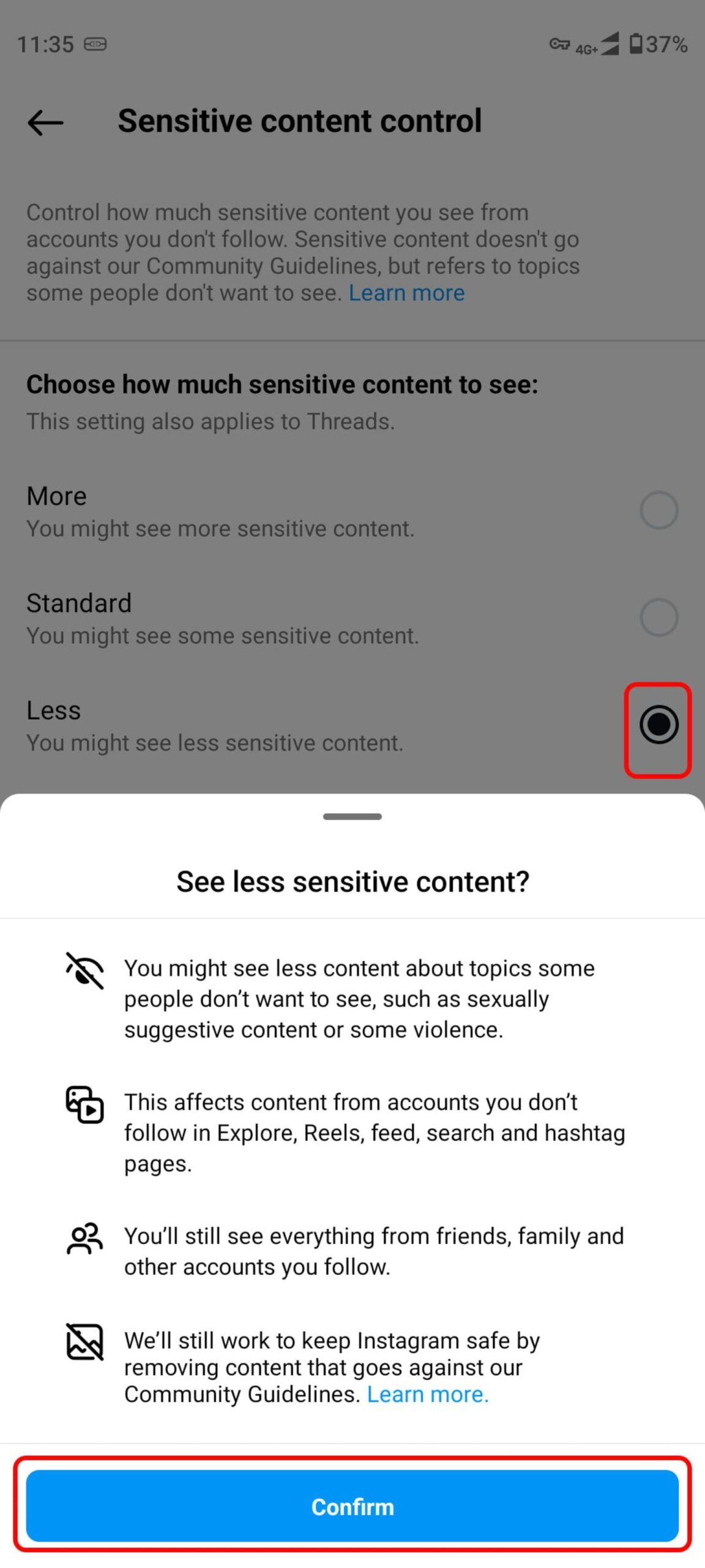 انتخاب گزینه Less و Confirm برای فعال کردن گزینه Sensitive Content Control