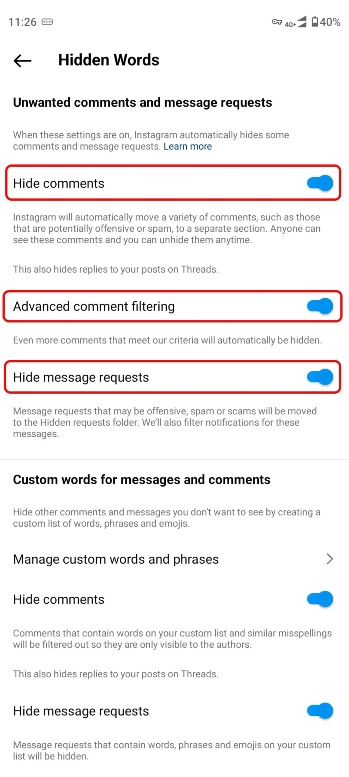 دکمه های Hide comments و Advanced comment filtering و Hide message requests