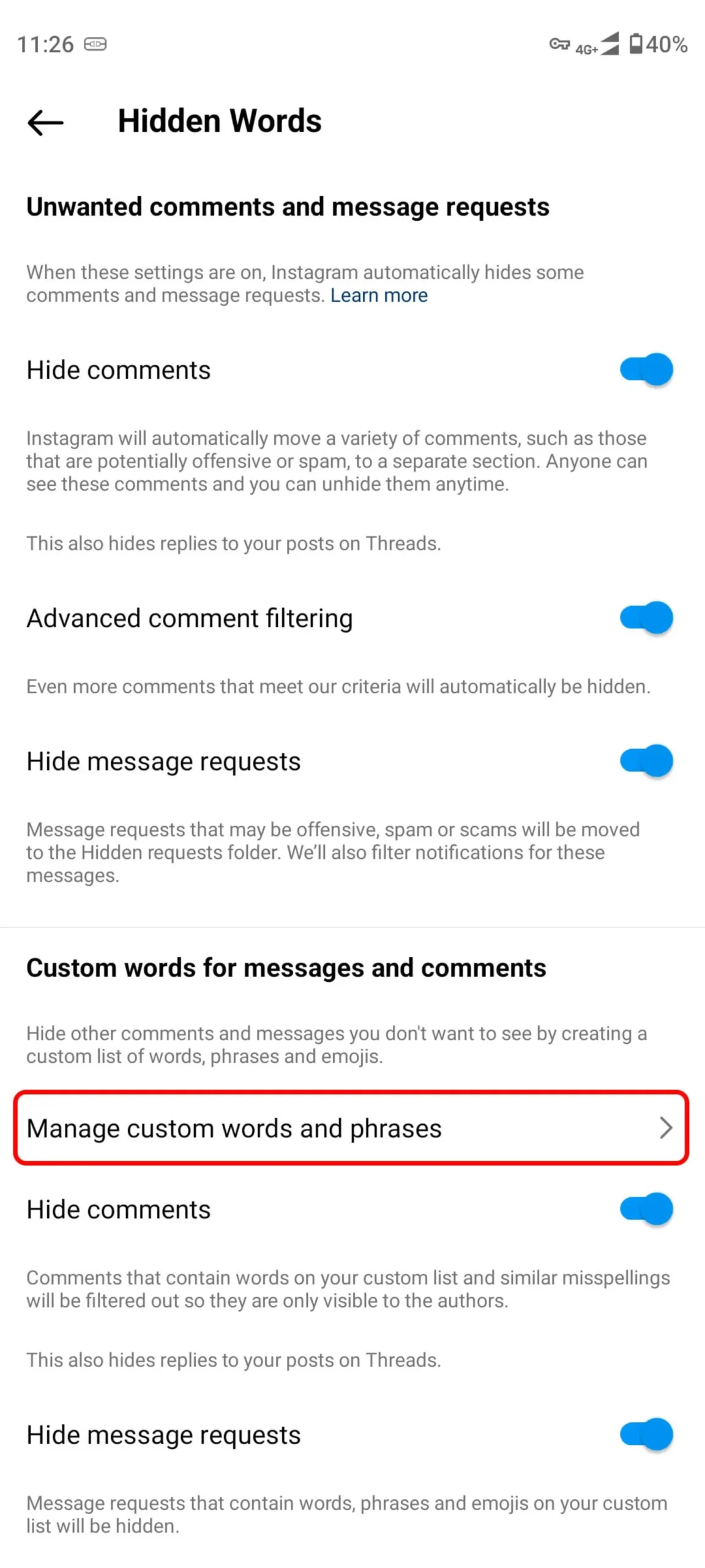 منوی Manage custom words and phrases برای پنهان کردن نظرهای اینستاگرام