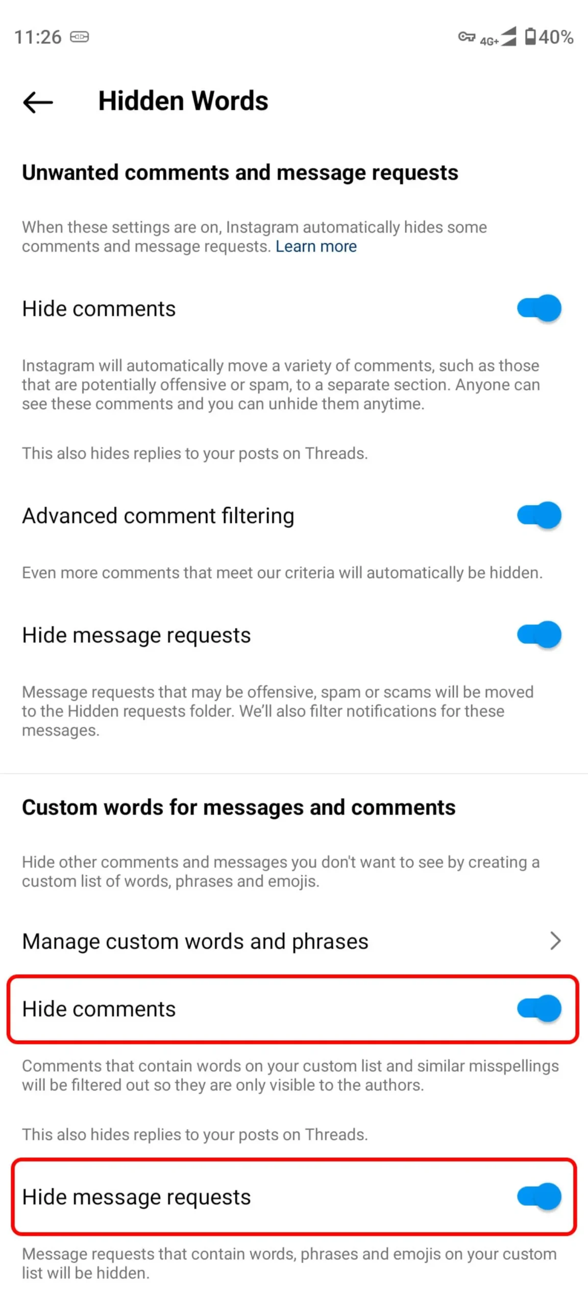 فعال کردن دکمه ی Hide comments و Hide message requests