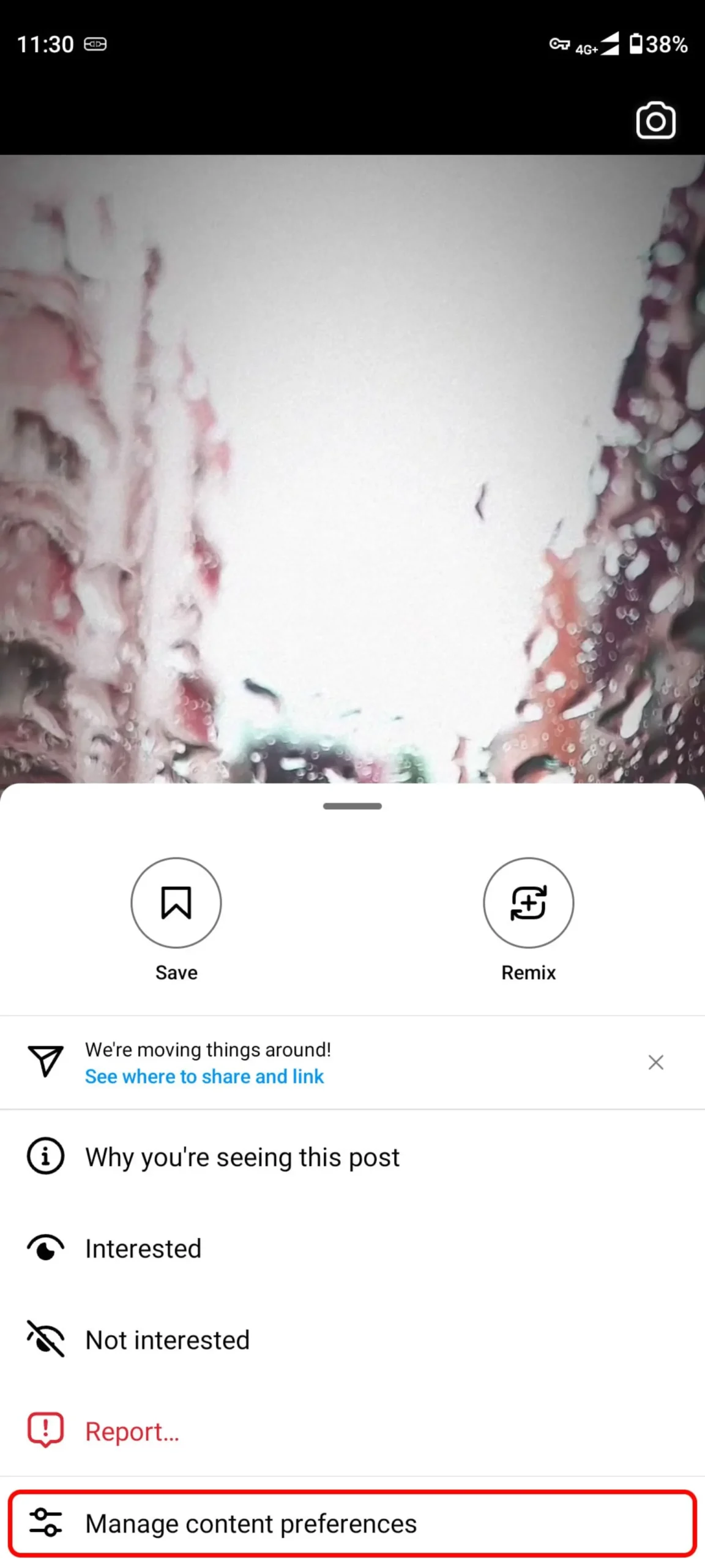 انتخاب Manage content preferences اینستاگرام