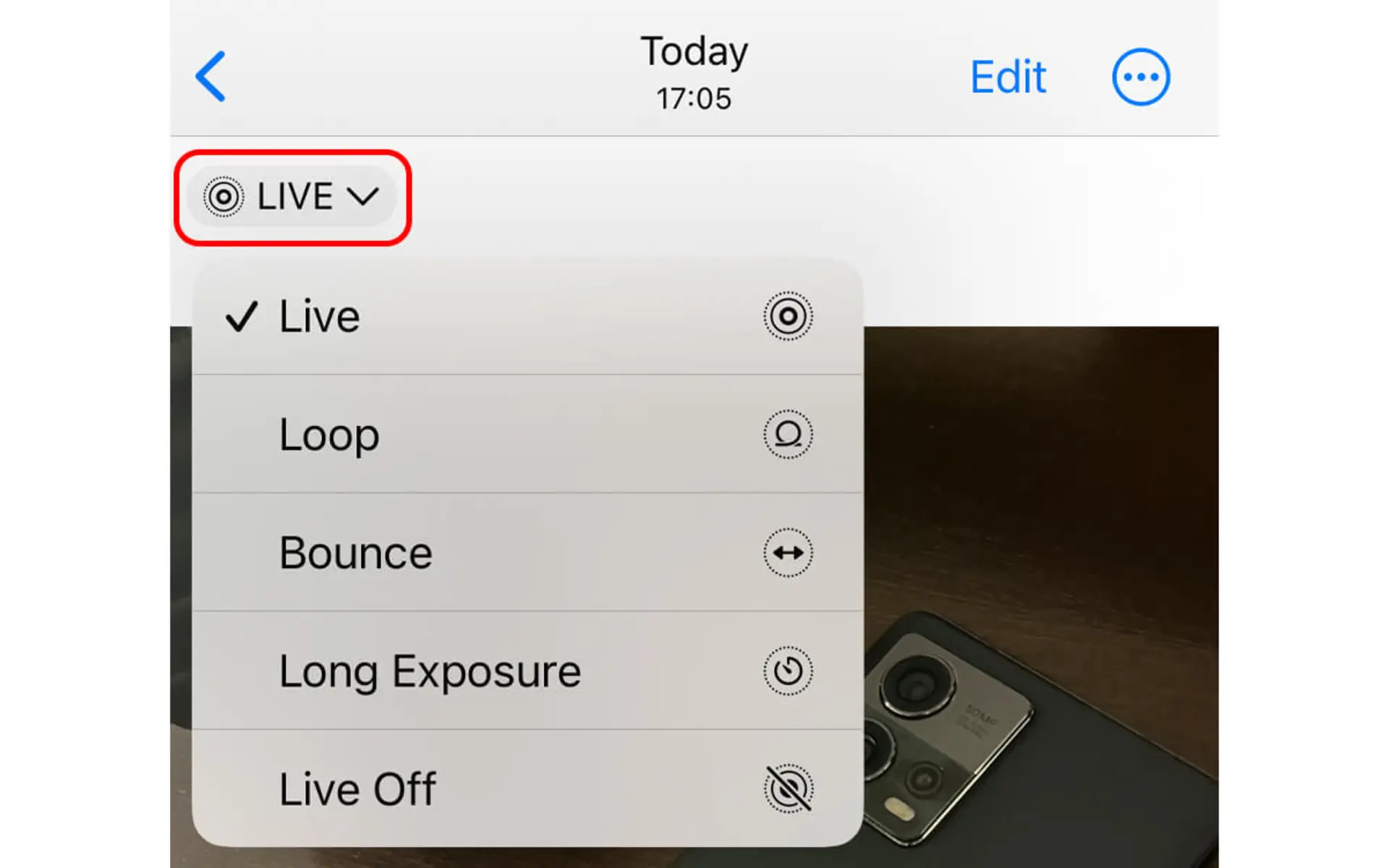 گزینههای Live و Loop و Bounce و Long Exposure و Live Off در کادر کشویی live
