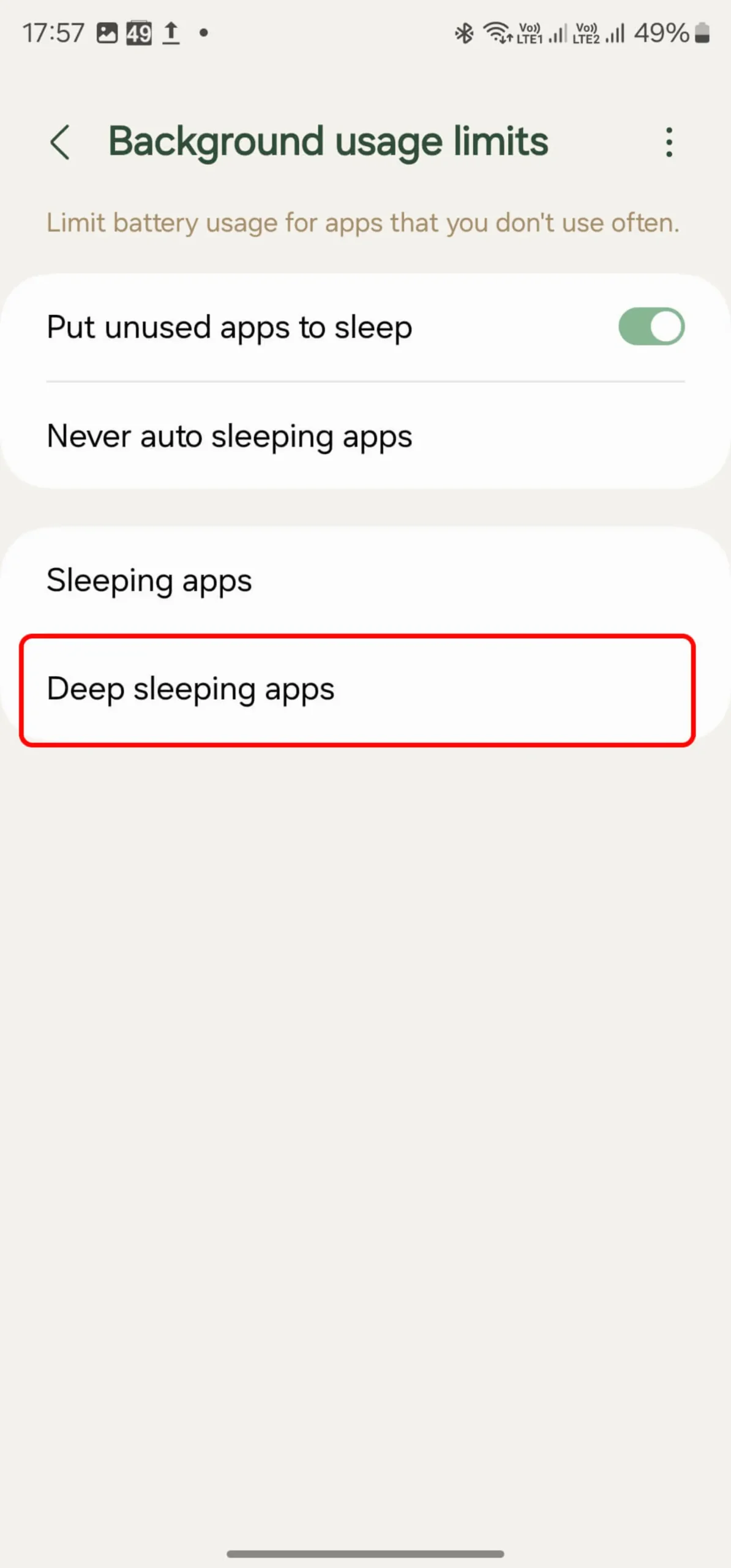 Deep sleeping apps برای افزایش عمر باتری گوشی سامسونگ