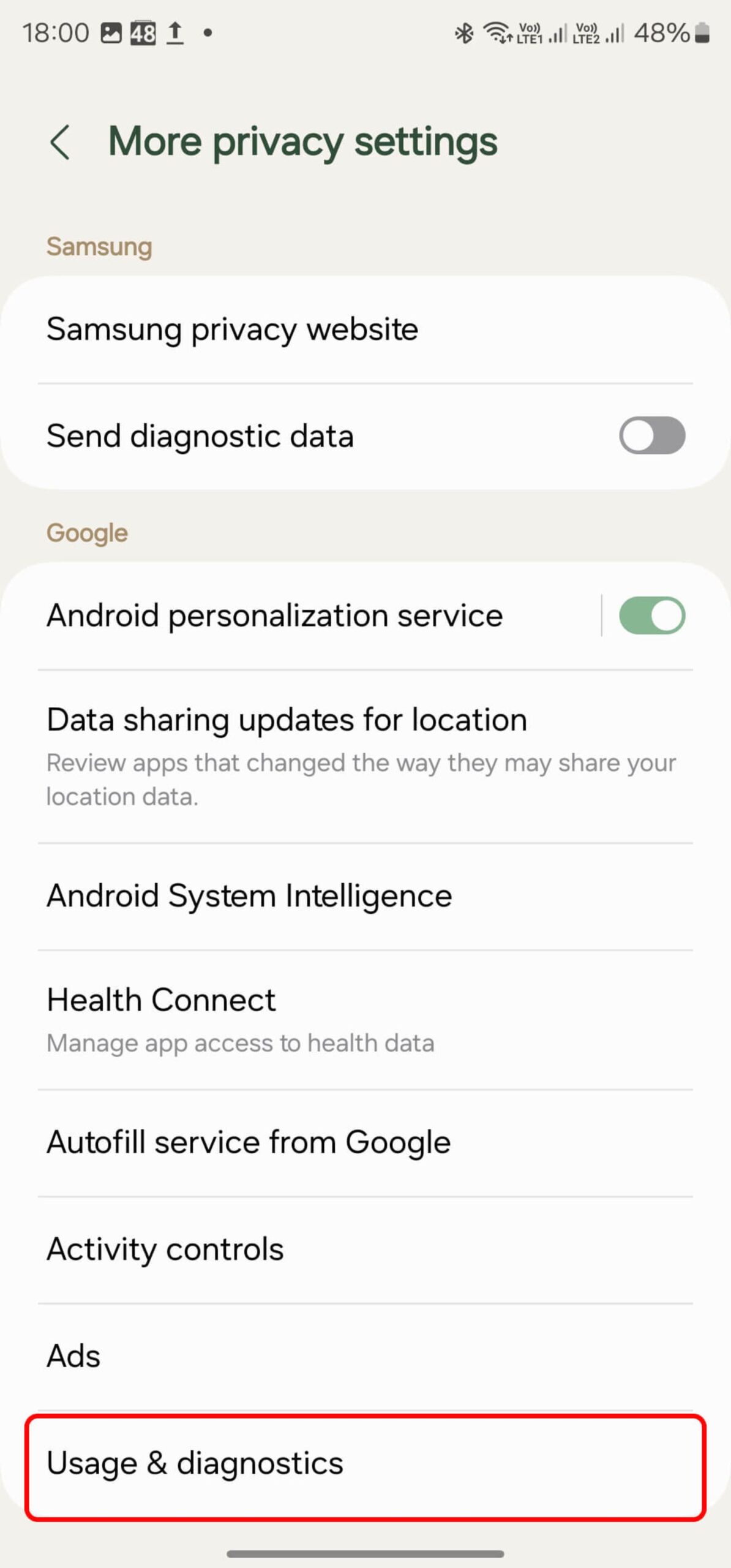 انتخاب usage and diagnostics