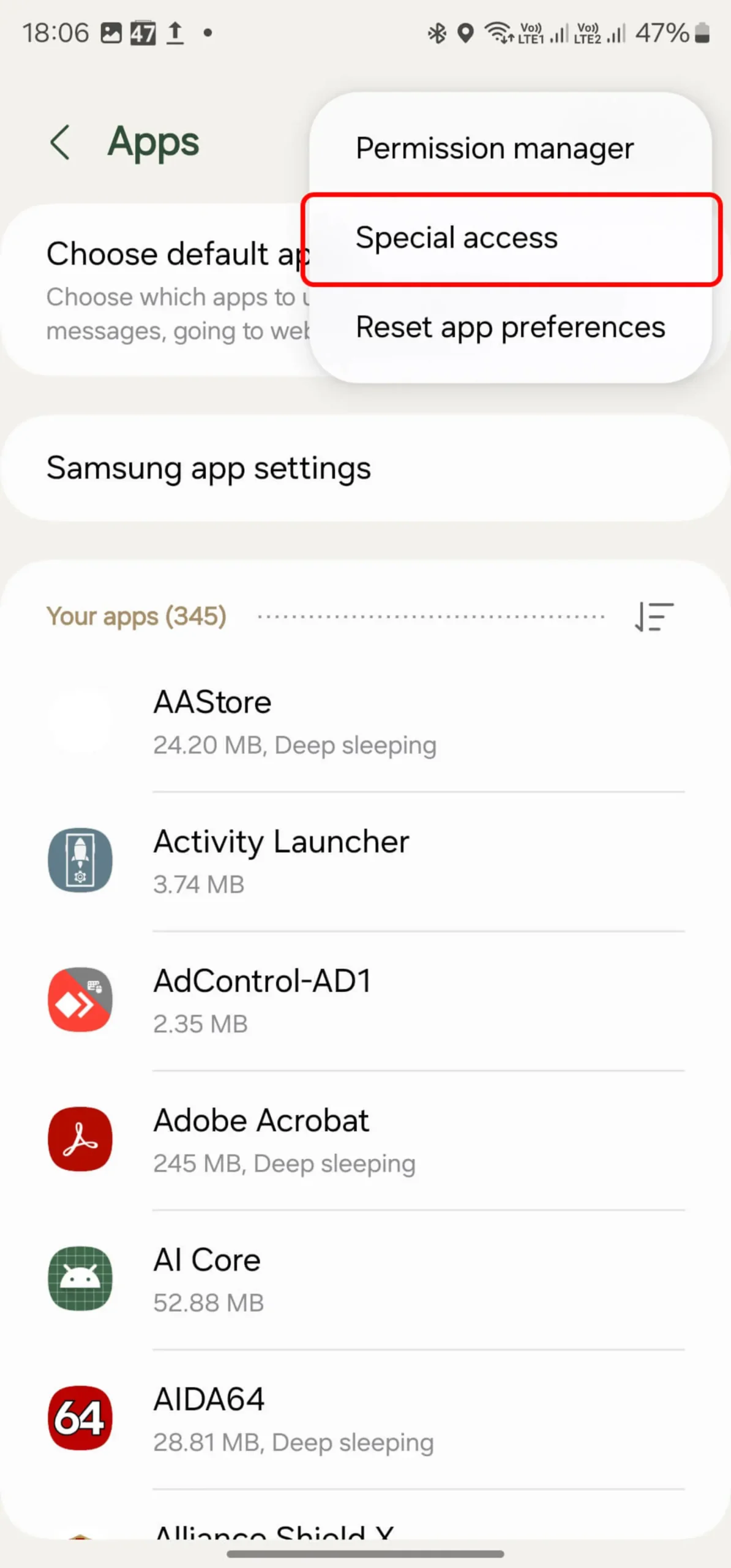 انتخاب گزینه Special access