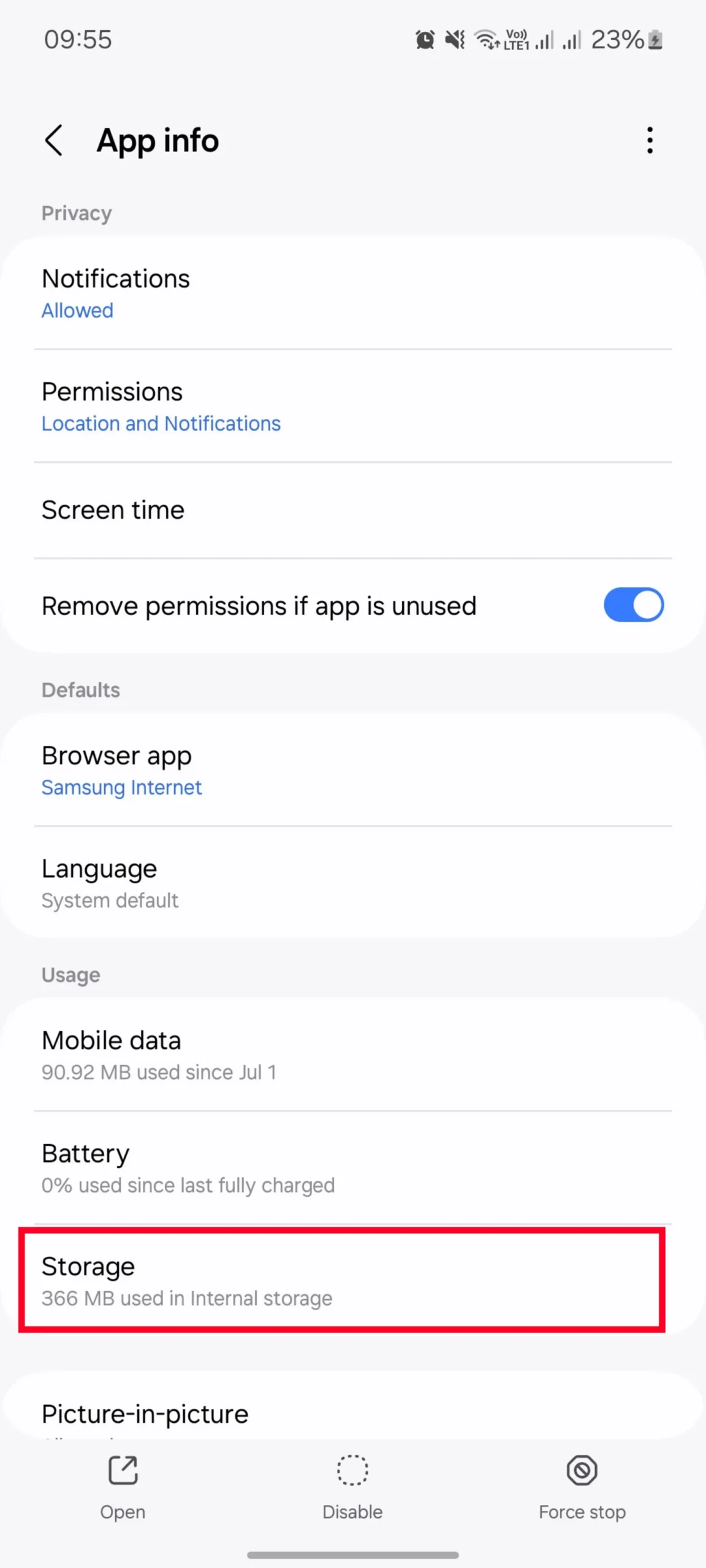 صفحهی App info