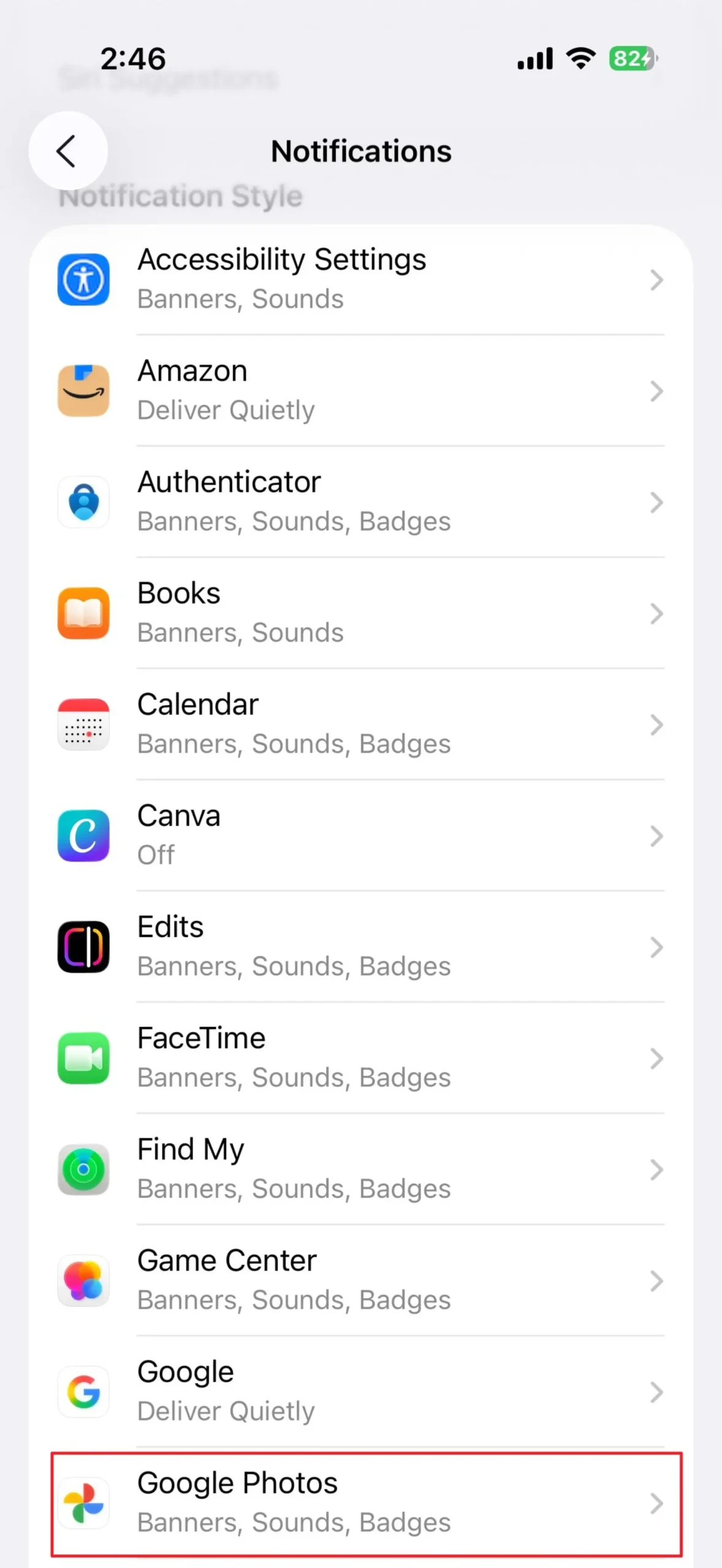 انتخاب google photos در تنظیمات notfication آیفون