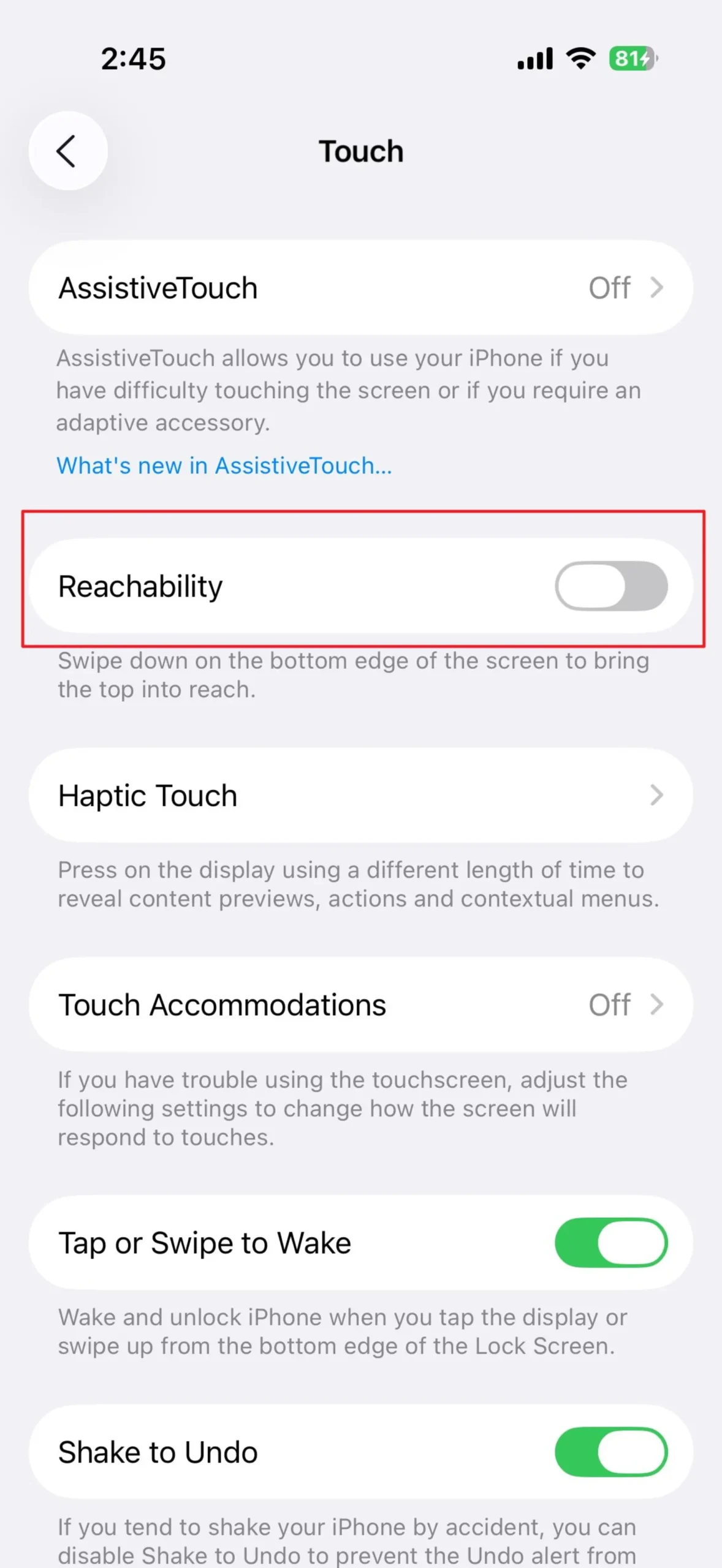 خاموش کردن آپشن reachability در تنظیمات آیفون