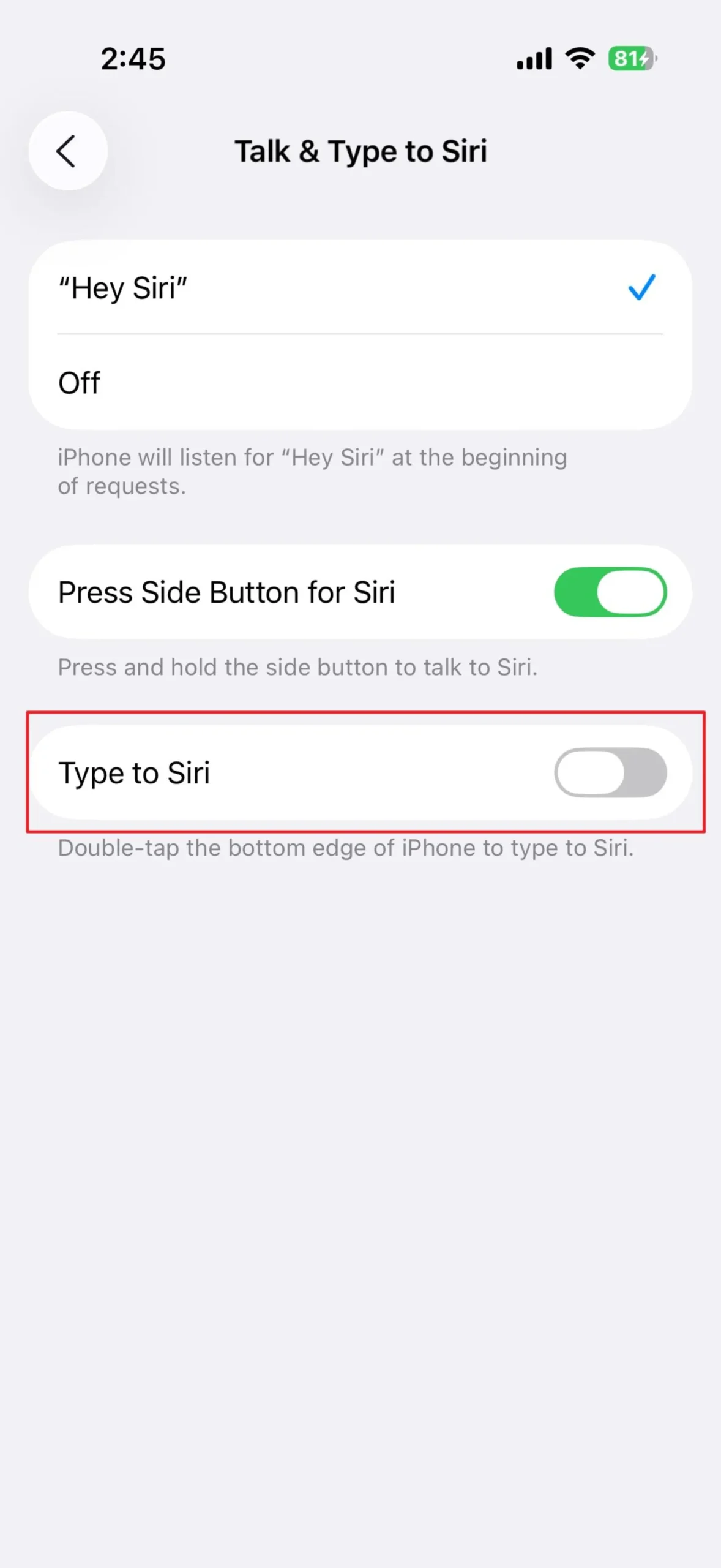 غیرفعال کردن گزینه‌ی type to siri در تنظیمات آیفون
